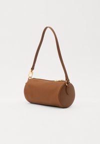 Brown leather handbag with a cylindrical shape, zip closure, and a single strap. Features gold hardware and textured surface.