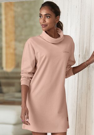 Überdimensioniertes Kleid mit Kapuzenkragen aus weichem Pfirsichstoff. Verfügt über lange Ärmel und gerippte Bündchen. Kleines Markenlogo auf der Brust.