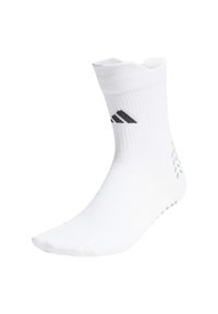 Weißer Sportsocke mit geripptem Design, ausgestattet mit einem grauen Logo und gepunktetem Muster auf der Sohle für besseren Halt. Knöchelhöhe mit glatter Textur.