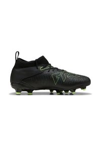 Botas de fútbol negras con un diseño texturizado, acentos verdes, cuello alto y múltiples tacos para una mejor tracción.