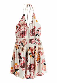 Robe à imprimé floral avec un décolleté en V et des bretelles ajustables. Confectionnée en tissu léger avec une taille smockée et une jupe évasée. Accents rouges, roses et noirs.