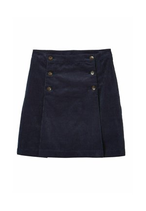 Navy corduroy skirt with a straight silhouette, featuring five large buttons on one side and vertical ribbed texture.