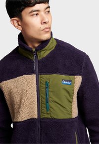 Fleece jacket featuring a color-block design in purple, green, and beige. It has a zip pocket and a high collar for warmth.
