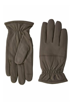 Brune læderhandsker med en glat tekstur, samlet håndled og fem-fingerdesign. Materialet ser blødt og fleksibelt ud.