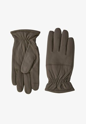 Brune læderhandsker med en glat tekstur, samlet håndled og fem-fingerdesign. Materialet ser blødt og fleksibelt ud.