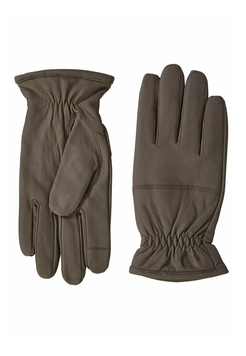 Brune læderhandsker med en glat tekstur, samlet håndled og fem-fingerdesign. Materialet ser blødt og fleksibelt ud.