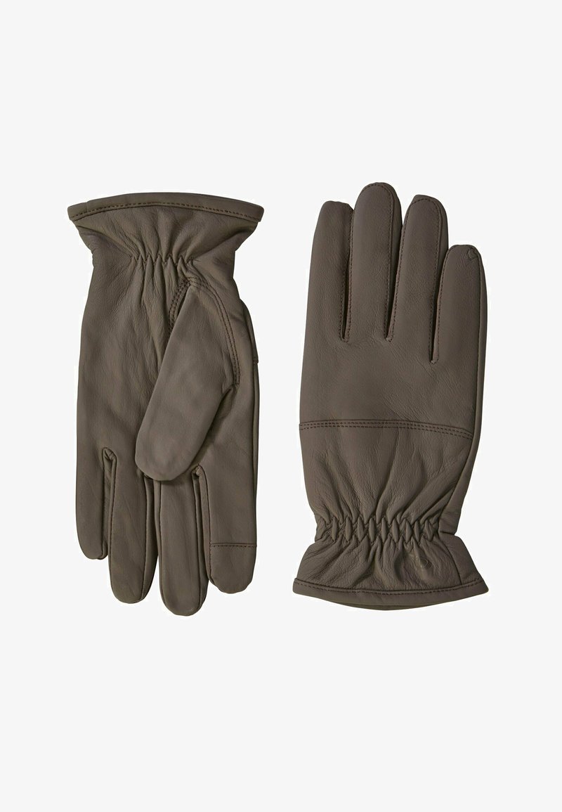 Braune Ledergloves mit glatter Textur, gerafftem Handgelenk und Fünf-Finger-Design. Das Material wirkt weich und flexibel.
