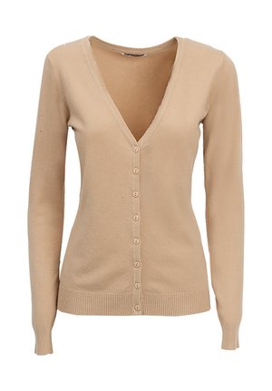 Beige cardigan sweater with a V-neck, front buttons, long sleeves, ribbed cuffs, and hem. Soft texture and fitted design.