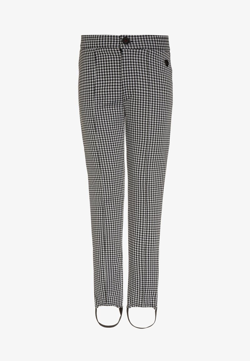Pantalon à motif pied-de-poule noir et blanc avec fermeture par boutons et brides aux chevilles.