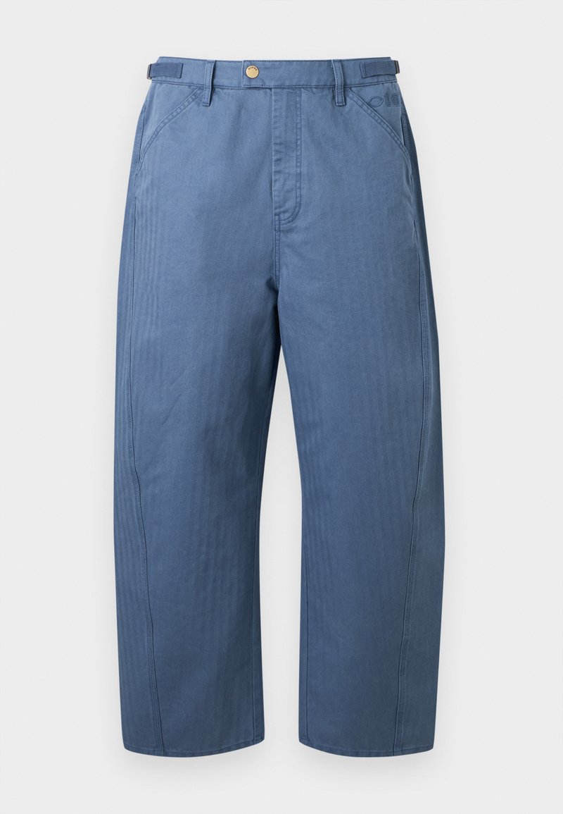 Blue wide-leg pants with front pockets, belt loops, and a button closure at the waist, displayed on a plain background.