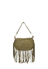 Borsa a spalla in suede verde oliva con dettagli in frange, design curvo e lacci decorativi lungo i bordi. Include una tracolla regolabile.