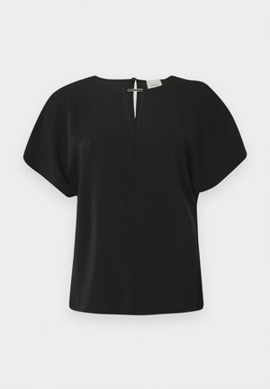 Blouse noire à manches courtes avec un col en V, dotée d'une fermeture au dos. Fabriquée dans un tissu lisse, elle possède une coupe décontractée et un design minimaliste.