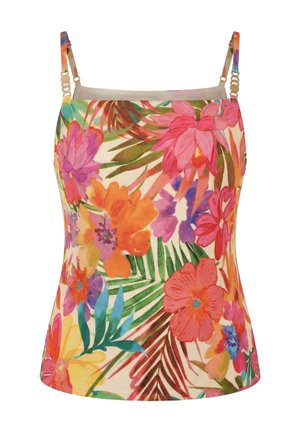 Camisole sans manches avec fines bretelles et un imprimé floral tropical vif aux tons rose, orange, violet, vert et jaune.