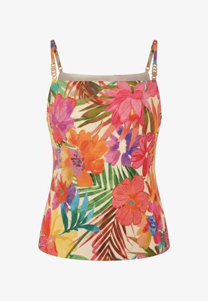 Camisole sans manches avec fines bretelles et un imprimé floral tropical vif aux tons rose, orange, violet, vert et jaune.