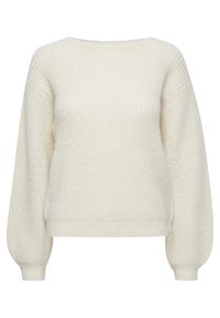 Pull en maille couleur crème avec un col rond, des manches raglan et des détails côtelés. Texture douce, coupe décontractée et sans embellissements visibles.