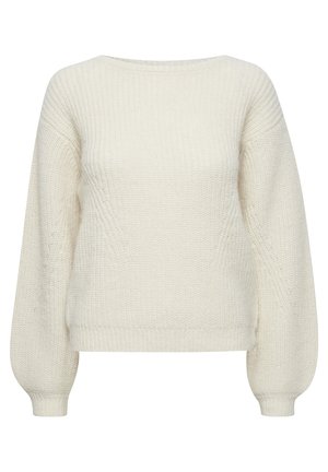 Krem-bijela pletiva džemper s okruglim izrezom, spuštenim rukavima i rebrastim detaljima. Mekana tekstura, ležeran kroj i bez vidljivih ukrasa.