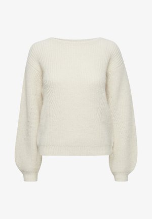 Kremna pletena jopica z okroglim izrezom, spuštenimi rokavi in pletivom z rebrastimi detajli. Mehka tekstura, sproščen kroj in brez vidnih okrasitev.