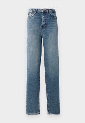 Lys blå denimjeans med rett ben-design, høy livhøyde, fem lommer og subtil fading. Forsterket søm ved sømmene.