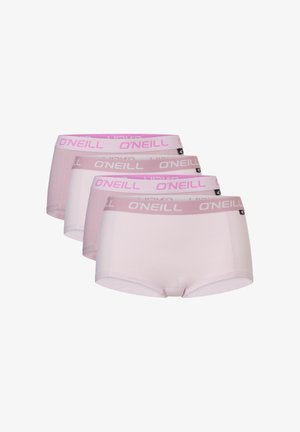 Vier paar lichtroze damesboxers met O'Neill gebrande elastische taillebanden in verschillende tinten roze en mauve.