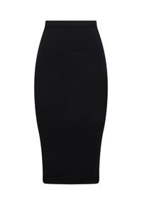 Jupe crayon noire fabriquée dans un tissu lisse et extensible. Elle présente une taille haute et une silhouette ajustée, atteignant le milieu du mollet.