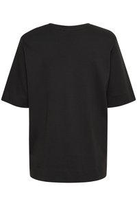 T-shirt nera con vestibilità rilassata, maniche corte, scollatura rotonda e texture liscia. Nessun motivo o decorazione visibile.
