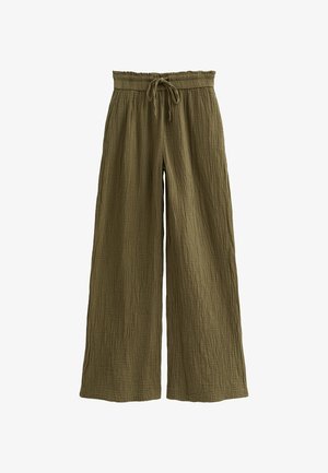 Losse, olijfgroene broek met wijde pijpen van een textuurstof. Heeft een elastische tailleband met een trekkoord. Casual, relaxed fit.