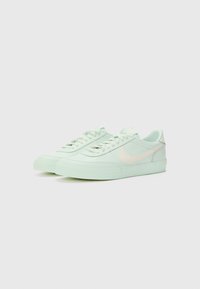 Baskets vert clair avec une finition en cuir lisse, bout arrondi, design à lacets et logo swoosh beige pâle sur le côté.