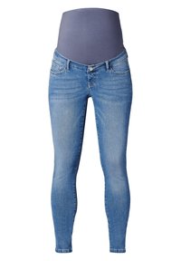 Těhotenské skinny džíny ve světle modrém denimu mají vysoký, měkký pas pro pohodlí, pět kapes a přiléhavý střih s mírným vyblednutím.