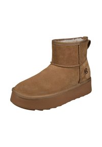 Braune Wildleder-Stiefelette mit weichem Fleece-Futter, abgerundeter Spitze und strukturiertem Gummiprofil. Verfügt über gestickte Akzente und eine hintere Zuglasche.