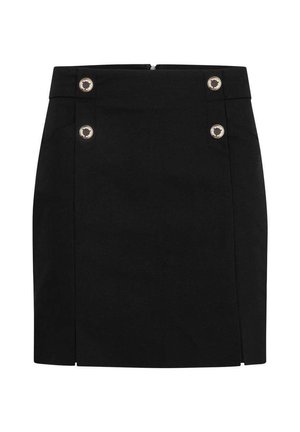 Jupe noire à la coupe ajustée, dotée de boutons dorés à la taille et d'une fermeture éclair au dos. Texture de tissu tissé lisse.