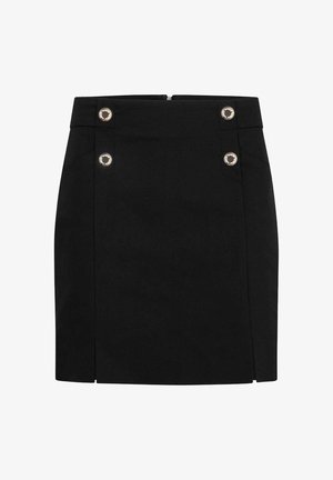 Jupe noire à la coupe ajustée, dotée de boutons dorés à la taille et d'une fermeture éclair au dos. Texture de tissu tissé lisse.