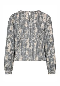 Langärmlige Bluse aus strukturiertem Stoff mit einem grau-beigen abstrakten Muster, ausgestattet mit einem Schlüsselbereich am Rücken und gerafften Bündchen.