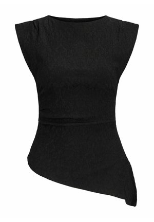 Haut asymétrique noir sans manches avec motif floral texturé et taille cintrée.