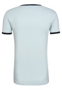 Light blue cotton t-shirt with short sleeves, featuring navy blue trim on the collar and sleeves. Smooth texture, classic design.