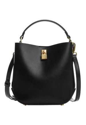 Sac à main en cuir noir avec une poignée supérieure incurvée, une bandoulière réglable et un détail central avec un cadenas doré à l'avant.