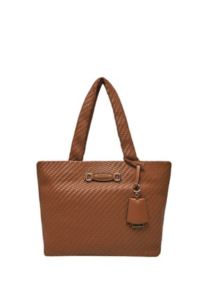 Borsa a rete marrone con due manici robusti, una placca logo prominente e un'etichetta rimovibile. Texture liscia con una forma strutturata.
