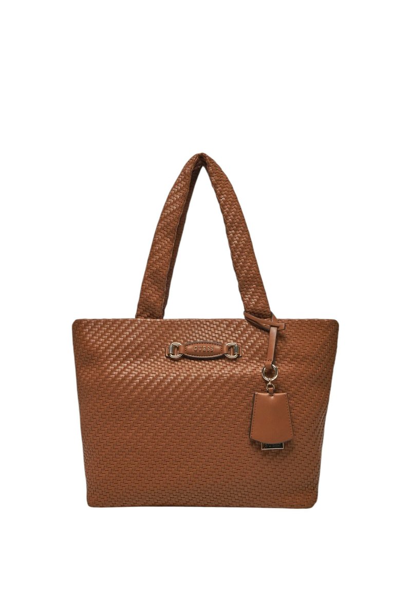Borsa a rete marrone con due manici robusti, una placca logo prominente e un'etichetta rimovibile. Texture liscia con una forma strutturata.