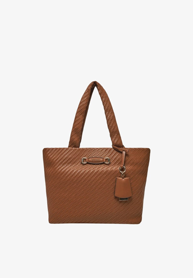 Borsa a rete marrone con due manici robusti, una placca logo prominente e un'etichetta rimovibile. Texture liscia con una forma strutturata.