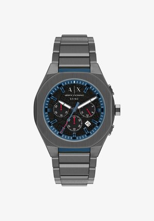 Horloge van roestvrij staal met een zeskantige kast, zwarte, getextureerde wijzerplaat, blauwe accenten, subdials en een datumvenster. Band in zilverkleur.