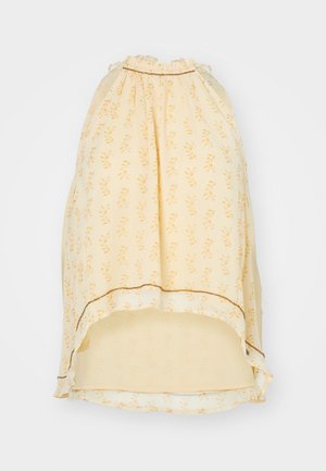 Top sans manches jaune avec un motif floral, encolure froncée et un accent décoratif doré. Tissu léger avec un design fluide.