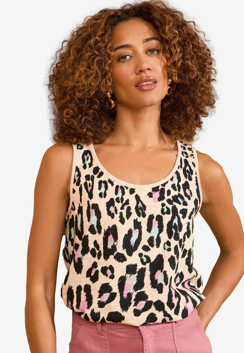 Canottiera beige chiaro con un vivace motivo a leopardo nero impreziosito da sfumature di rosa e blu, realizzata in tessuto morbido e liscio.