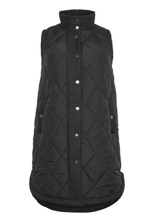 Black quilted vest with a high collar, side pockets, and snap buttons, featuring a smooth texture and tailored fit.