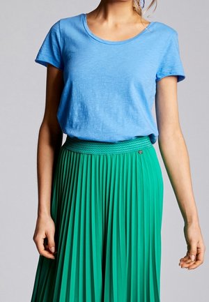 Vrouw met een lichtblauw shirt met korte mouwen, ingestopt in een groene geplooide rok met hoge taille, tegen een grijze achtergrond.