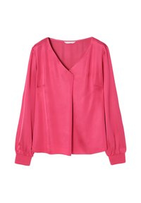 Blusa de satén rosa con mangas largas, escote en forma de v y puños de muñeca fruncidos. Presenta un corte holgado y un sutil detalle de bolsillo en la parte izquierda.