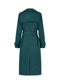 Long teal wool coat with a belted waist, large back yoke, and buttoned cuffs. Features a straight cut and a textured finish.