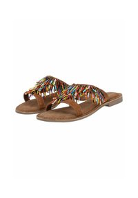 Braune Wildleder-Sandalen mit bunten Fransen, flacher Sohle, offener Zehenpartie und zwei Riemen über dem Fuß für einen sicheren Halt.