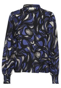 Langärmliges Hemd mit schwarzem Grund und abstrakten blauen und grauen Wirbelmustern. Verfügt über einen spitzen Kragen und geraffte Manschetten.