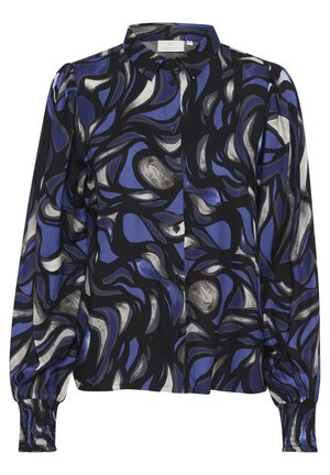 Langärmliges Hemd mit schwarzem Grund und abstrakten blauen und grauen Wirbelmustern. Verfügt über einen spitzen Kragen und geraffte Manschetten.