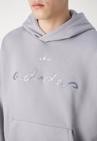 Man som bär en ljusgrå Adidas-hoodie med broderad logga och trefoil-symbol på framsidan, visar överkroppen och nacken.