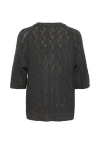 Temno siva pletena jopica s sproščenim krojem, kratkimi rokavi in nežnim črnim vzorcem po vsej površini. Odprt pleteni material omogoča zračnost.